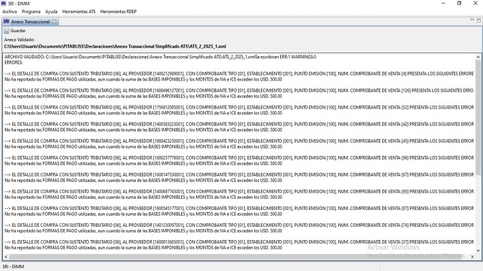 ATS Error Formas de Pago exceden USD. 500.00